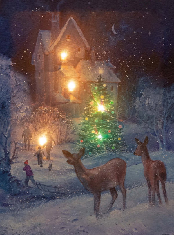 Tableau de Noël illuminé avec scène hivernale et petits rennes (Neuf)