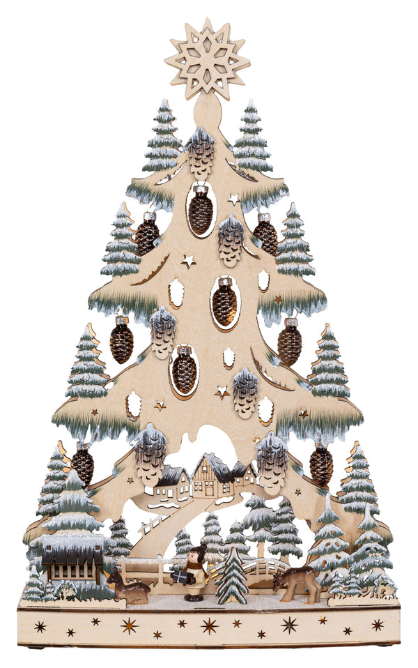 Houten Kerstboom met bruine dennenappels, lichtjes en kerstbomen (Nieuw)