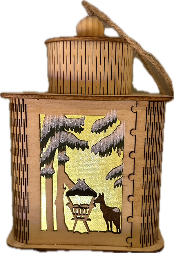 Houten kerstlantaarn met kersttafereel