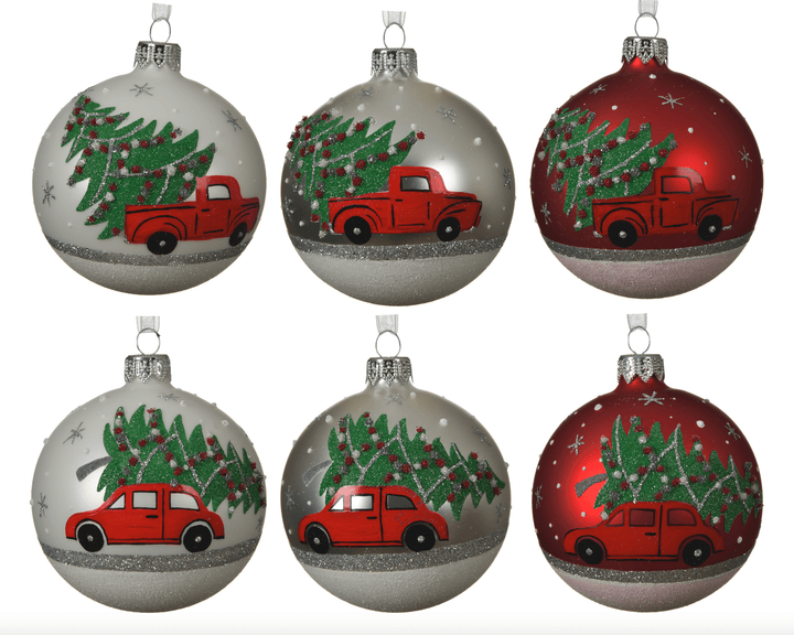 Kerstdecoratie De Smedt Kerstballen met autootje + kerstboom (Nieuw) - voor 6 stuks