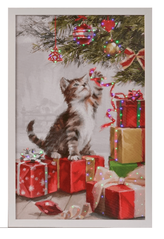 Kerstdecoratie De Smedt Verlichte kerstschilderij met kat