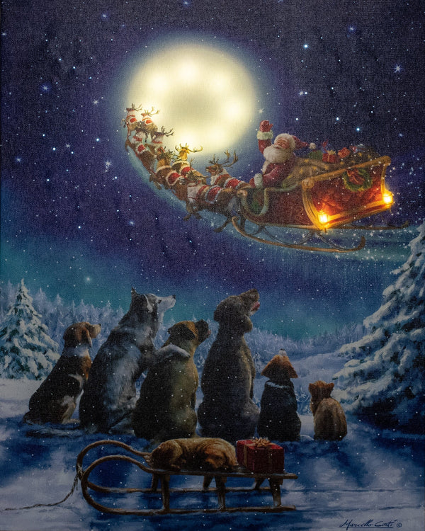 Kerstdecoratie De Smedt Verlichte kerstschilderij met vliegende slee en honden (Nieuw)