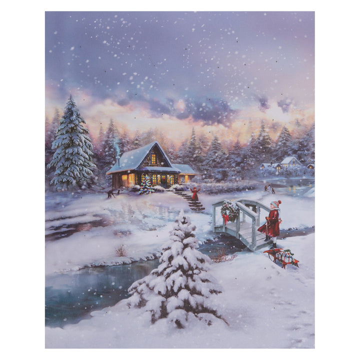 Kerstdecoratie De Smedt Verlichte kerstschilderij met wintertafereel, besneeuw huis en klein meisje groot (Nieuw)