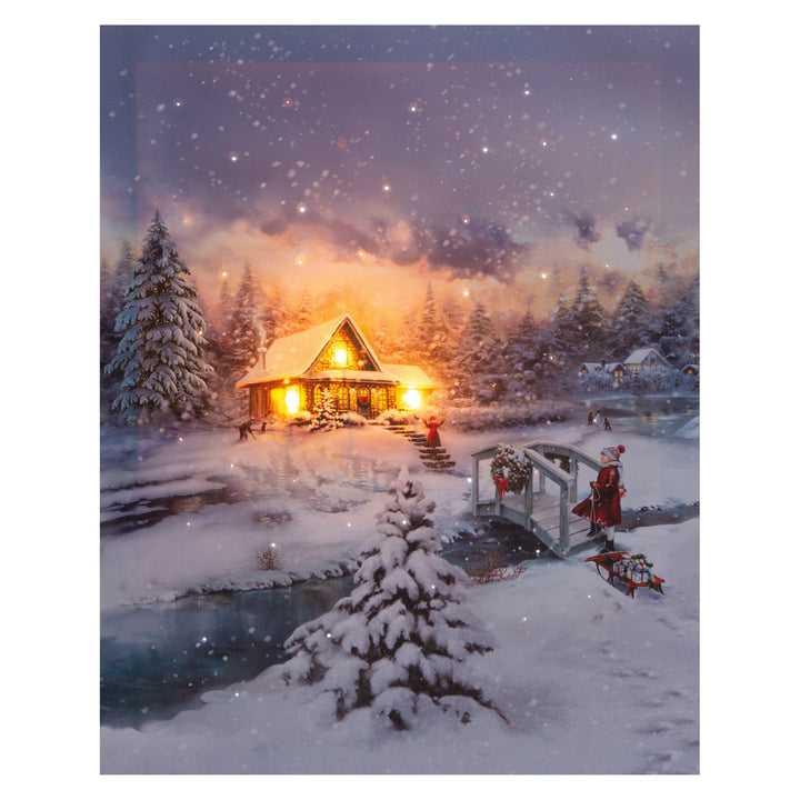 Kerstdecoratie De Smedt Verlichte kerstschilderij met wintertafereel, besneeuw huis en klein meisje groot (Nieuw)