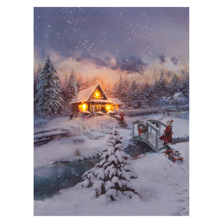 Kerstdecoratie De Smedt Verlichte kerstschilderij met wintertafereel, besneeuwd huis en klein meisje klein (Nieuw)