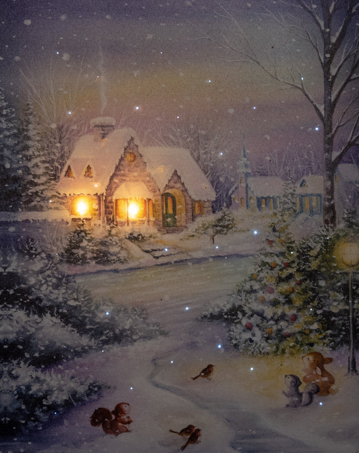 Kerstdecoratie De Smedt Verlichte kerstschilderij met wintertafereel en besneeuw huis groot (Nieuw)