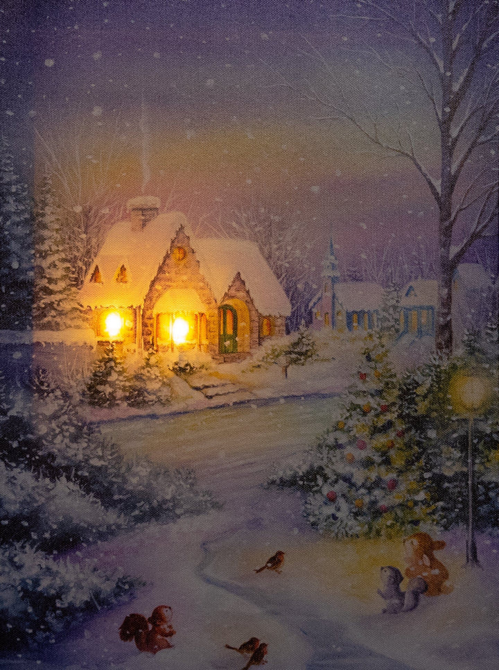Kerstdecoratie De Smedt Verlichte kerstschilderij met wintertafereel en besneeuw huis klein (Nieuw)